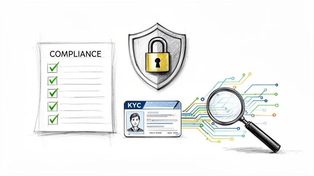 Compliance checklist, secure shield, KYC card, and digital data investigation with a magnifying glass.