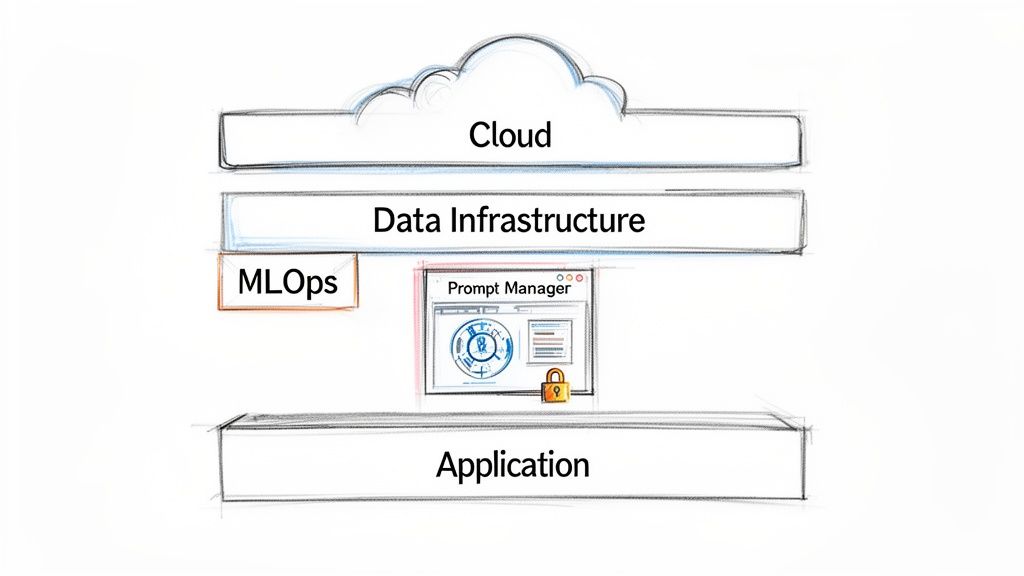 A layered system architecture diagram showing Cloud, Data Infrastructure, MLOps, Prompt Manager, and Application layers.