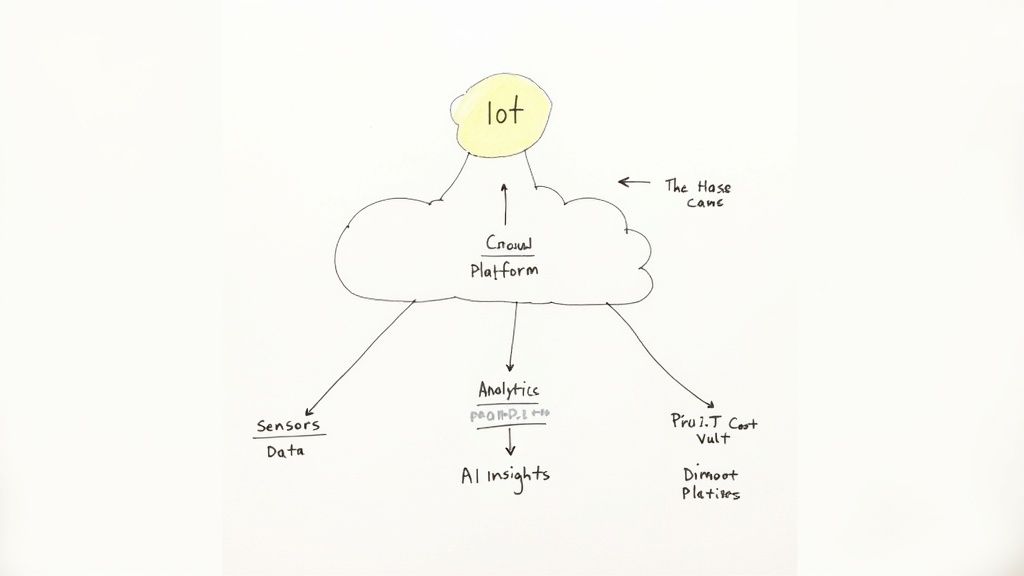 A hand-drawn diagram illustrating an IoT system flow with a cloud platform, data, analytics, and AI insights.