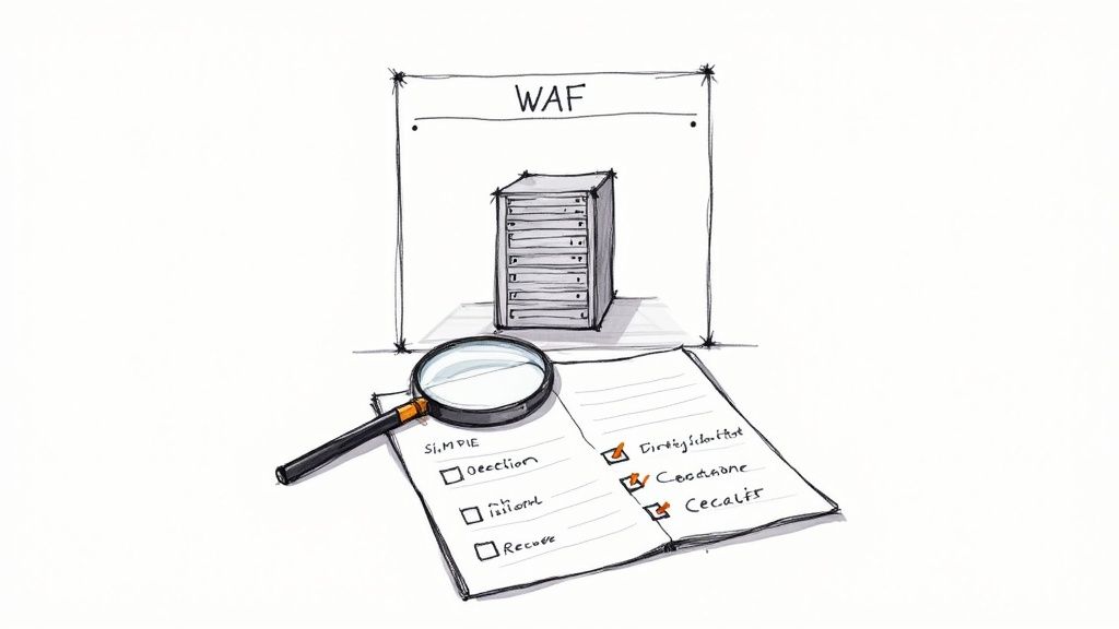 Illustration of a Web Application Firewall (WAF) protecting a server, being reviewed with a checklist and magnifying glass.