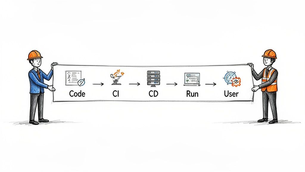 Two engineers hold a banner illustrating the DevOps pipeline from code to user, including CI, CD, and run stages.