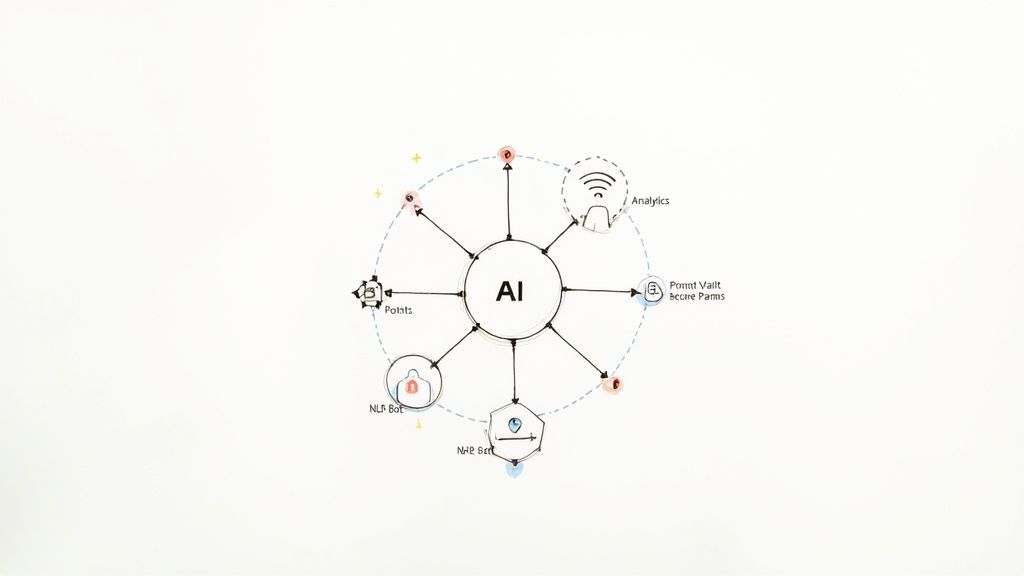 Conceptual diagram of AI ecosystem with elements like analytics, secure parameters, and various bots.