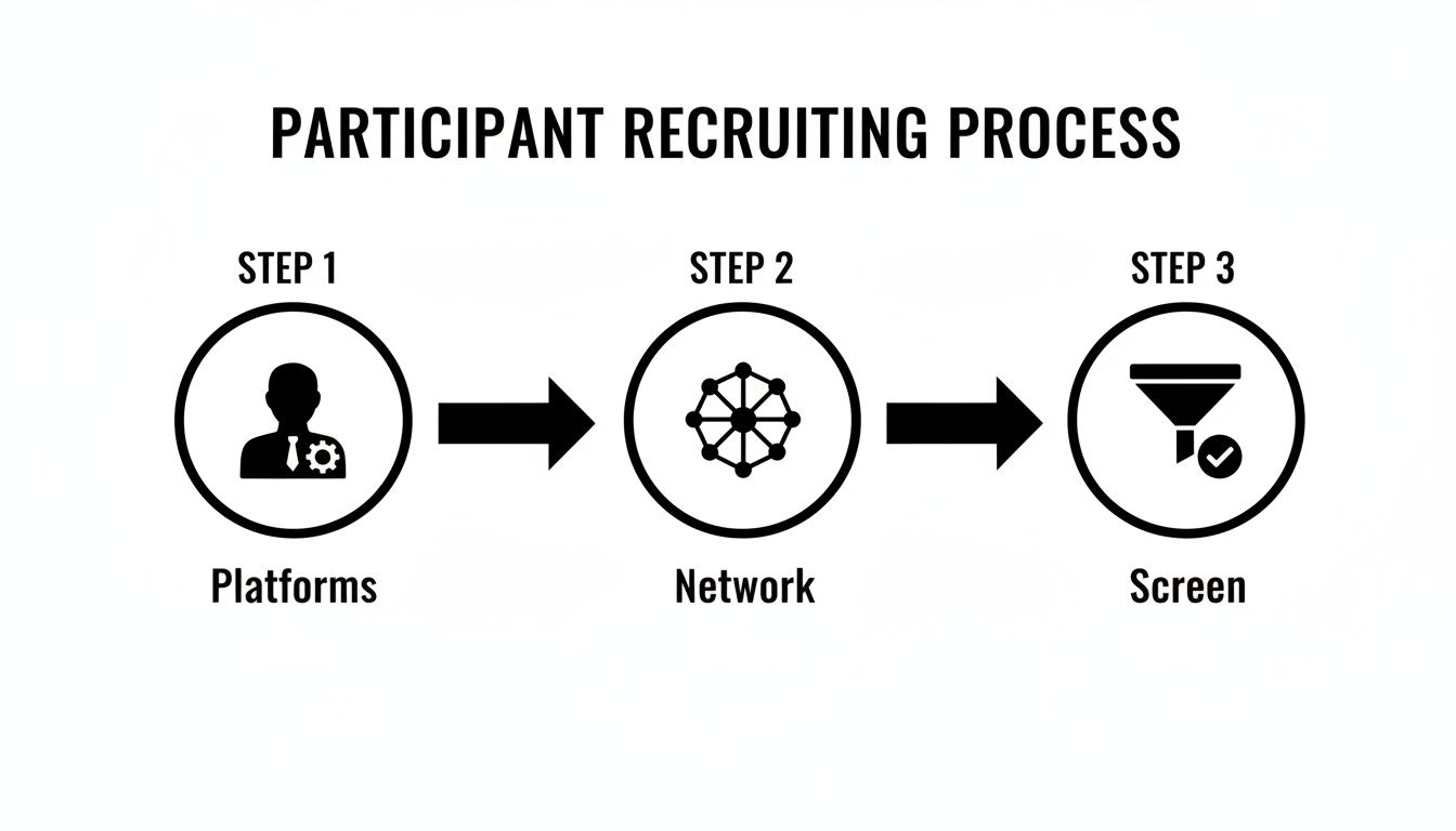 Flowchart illustrating the three-step participant recruiting process: Platforms, Network, and Screen.