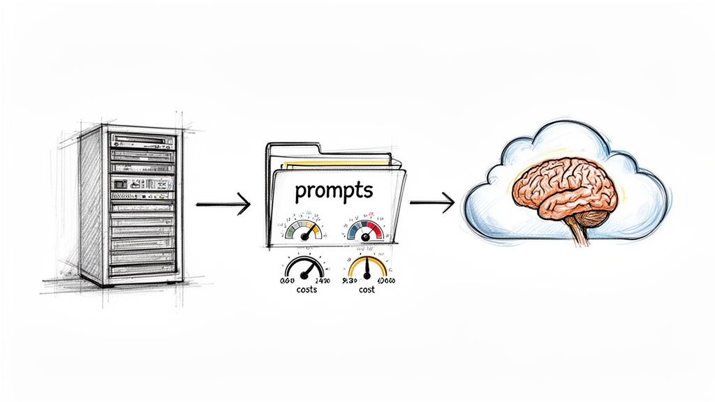 A diagram illustrating data from a server being processed as prompts by a cloud-based AI, with associated costs.