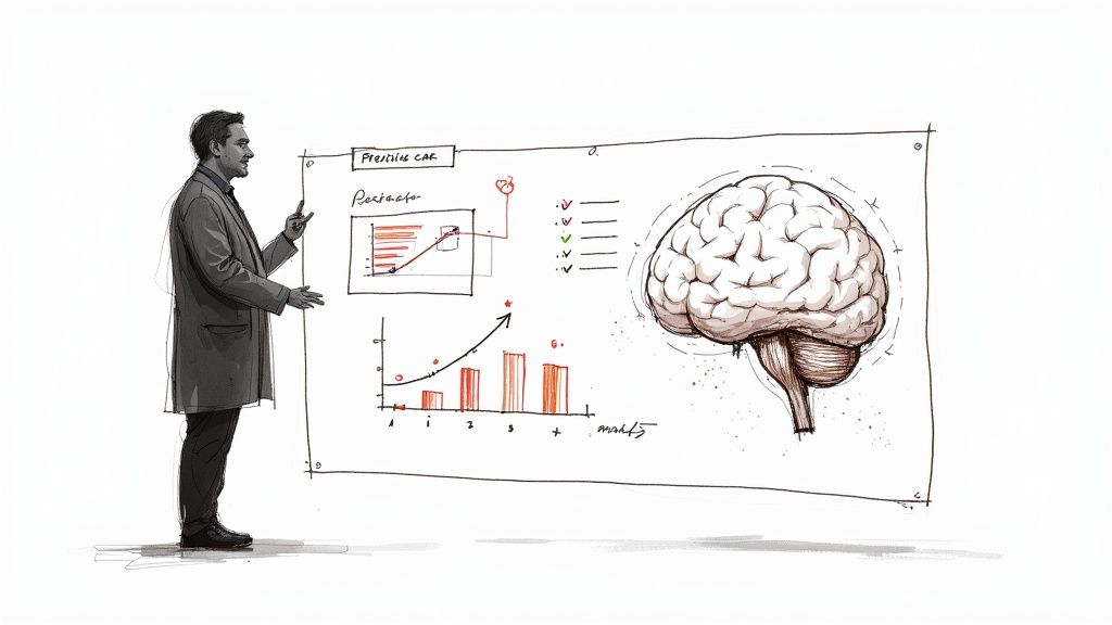 Sketch of a man presenting a whiteboard with data analysis, charts, and a brain illustration.