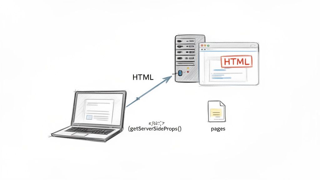 Diagram illustrating a laptop requesting data from a server, which processes and returns HTML pages.