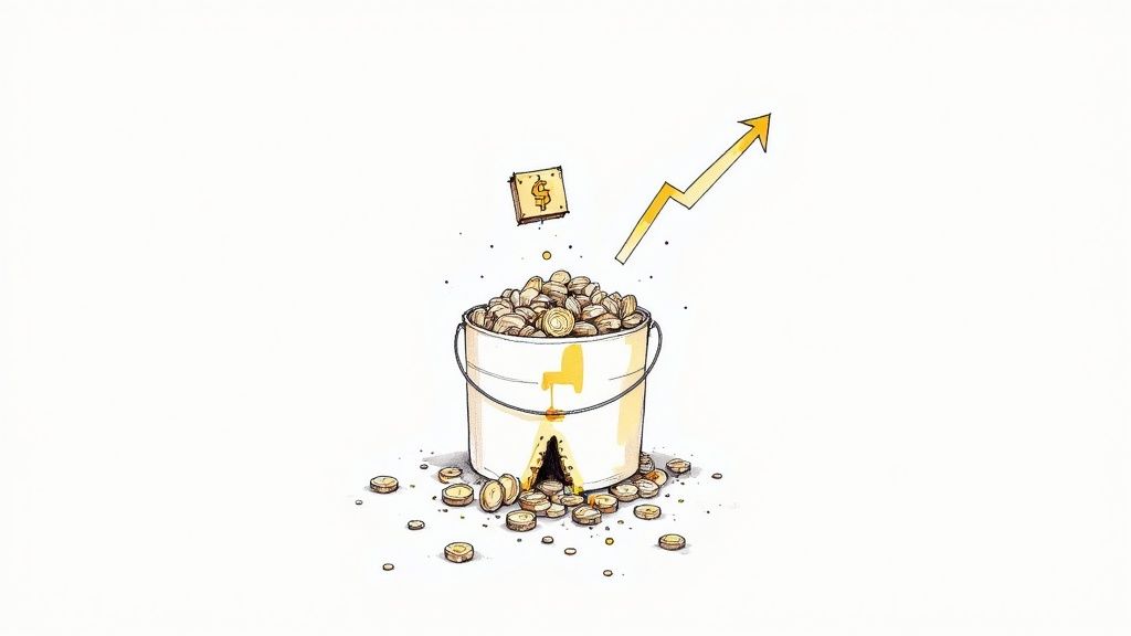 White bucket overflowing with gold coins and upward trending arrow representing financial growth
