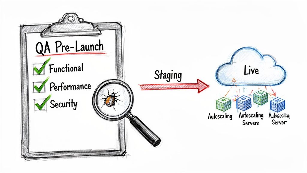 Pre-launch QA checklist with functional, performance, security checks, bug detection, and deployment to live autoscaling servers.
