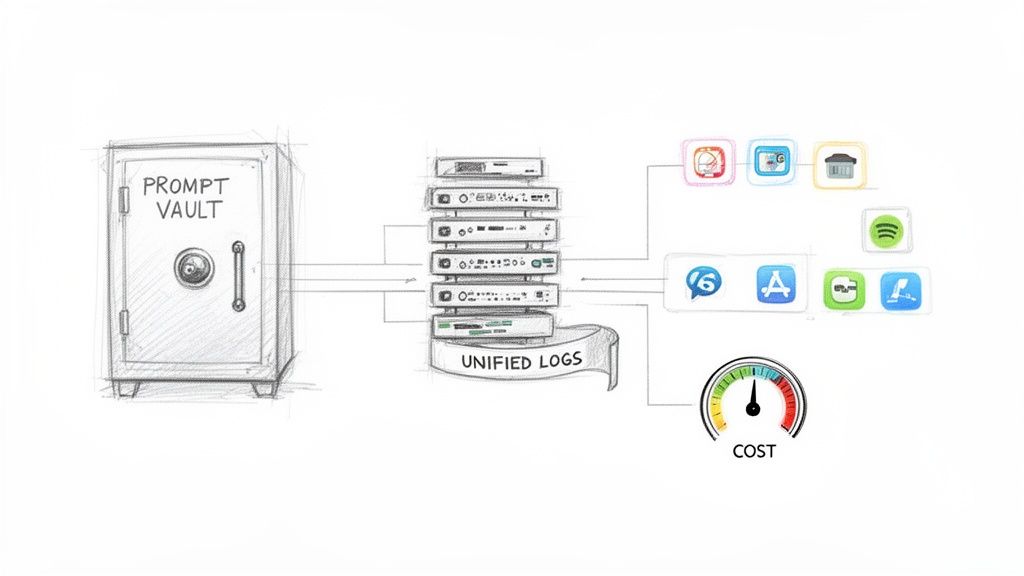 A sketch showing applications integrating into a unified log system connected to a prompt vault, impacting cost.