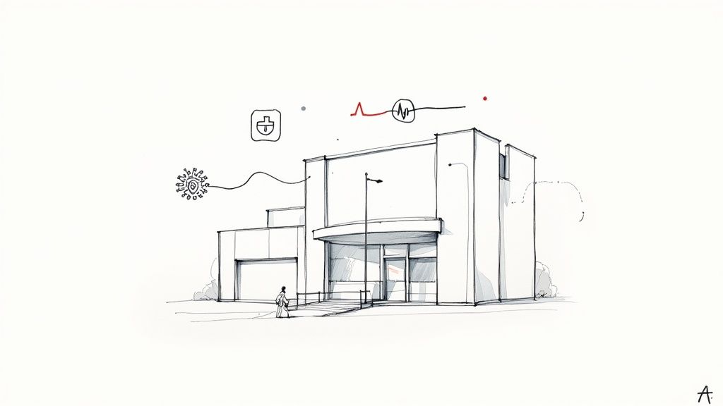 Sketch of a modern healthcare building with connected medical symbols like a pulse, virus, and cross.