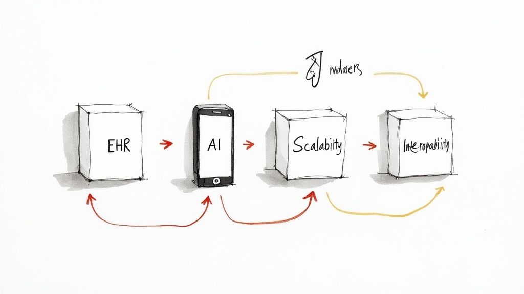 A diagram illustrates the flow from EHR to AI in a smartphone, then scalability, and interoperability, with feedback loops.