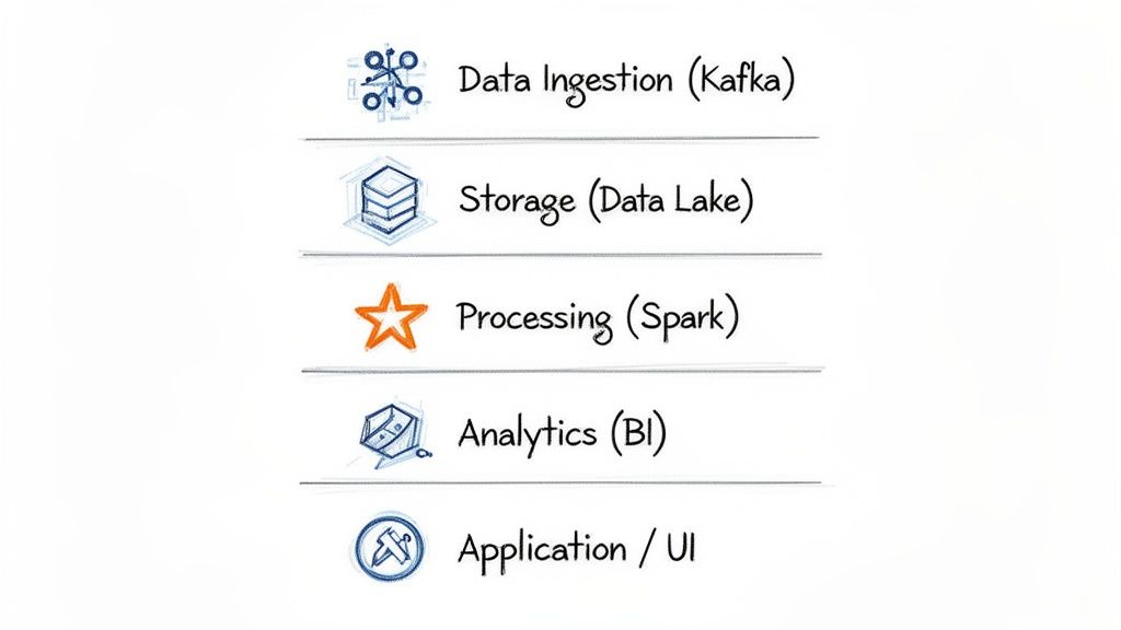 Diagram illustrating a five-layer data architecture: Ingestion, Storage, Processing, Analytics, and Application/UI.
