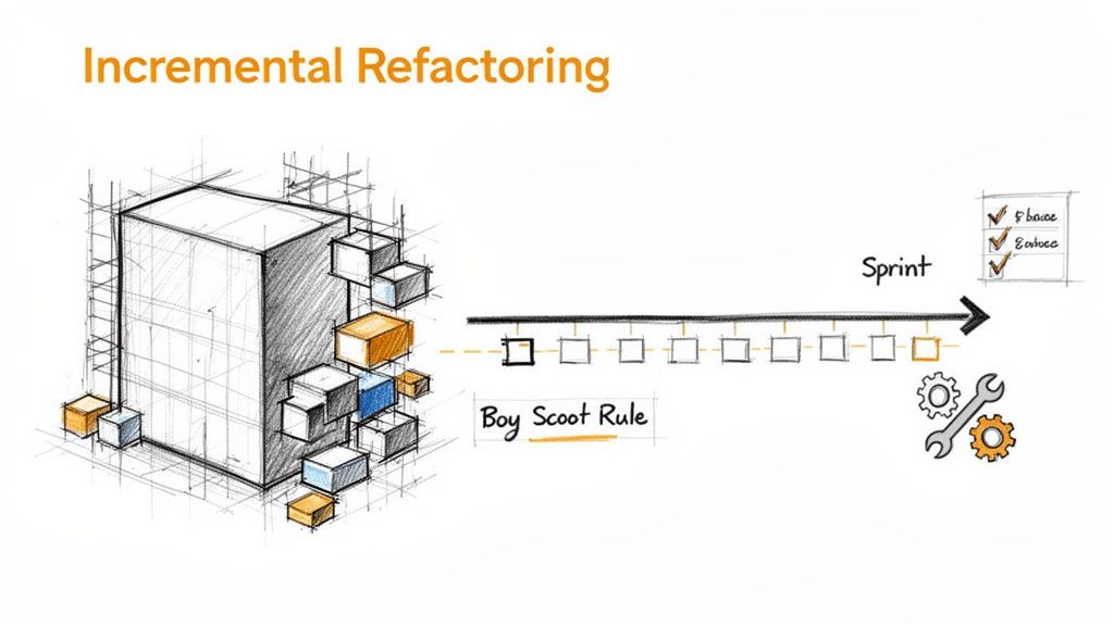 Diagram illustrating incremental refactoring, agile sprints, and the Boy Scout Rule for improving code.