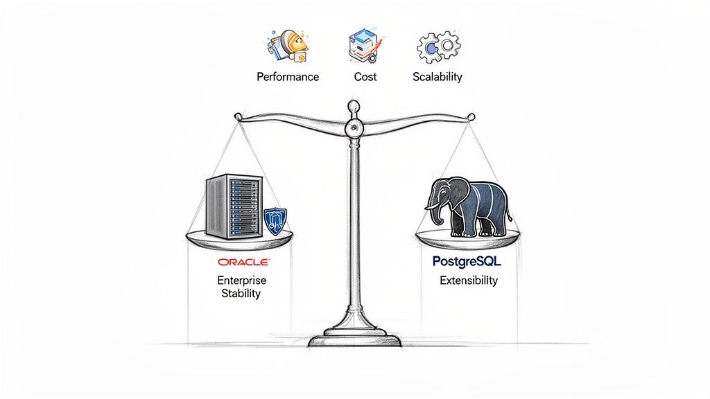 A weighing scale balancing Oracle's enterprise stability against PostgreSQL's extensibility.