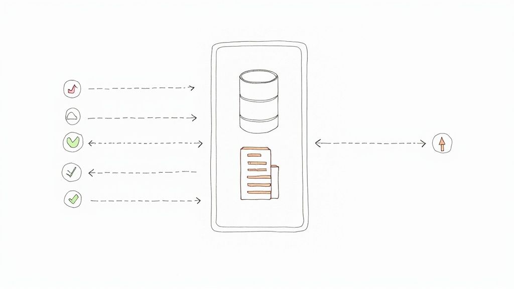 Diagram showing data inputs with checkmarks, processing in a mobile app with database and files, and data output.