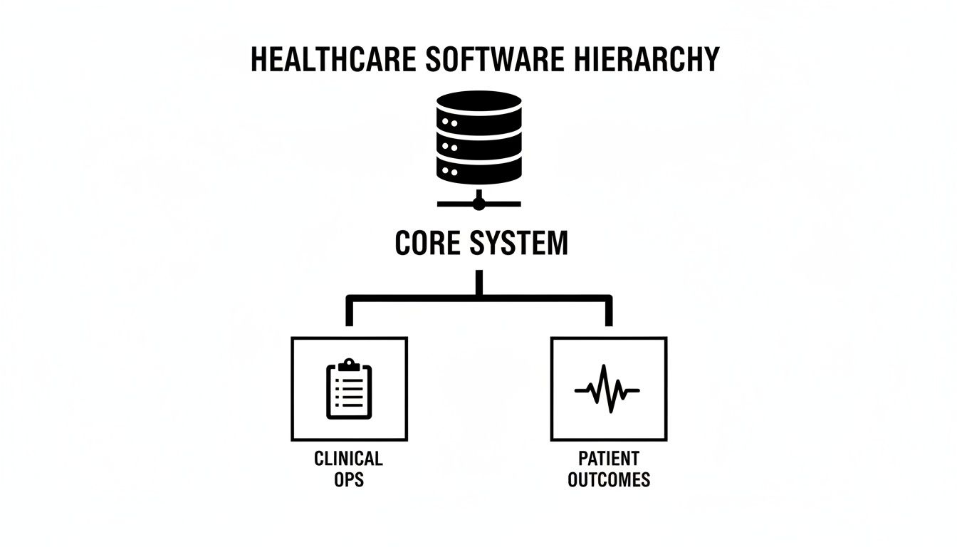 Diagram illustrating a healthcare software hierarchy with a core system connecting to clinical operations and patient outcomes.