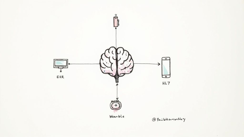 A diagram illustrating a central brain connected to various healthcare data sources, including EHR, HL7, and wearables.