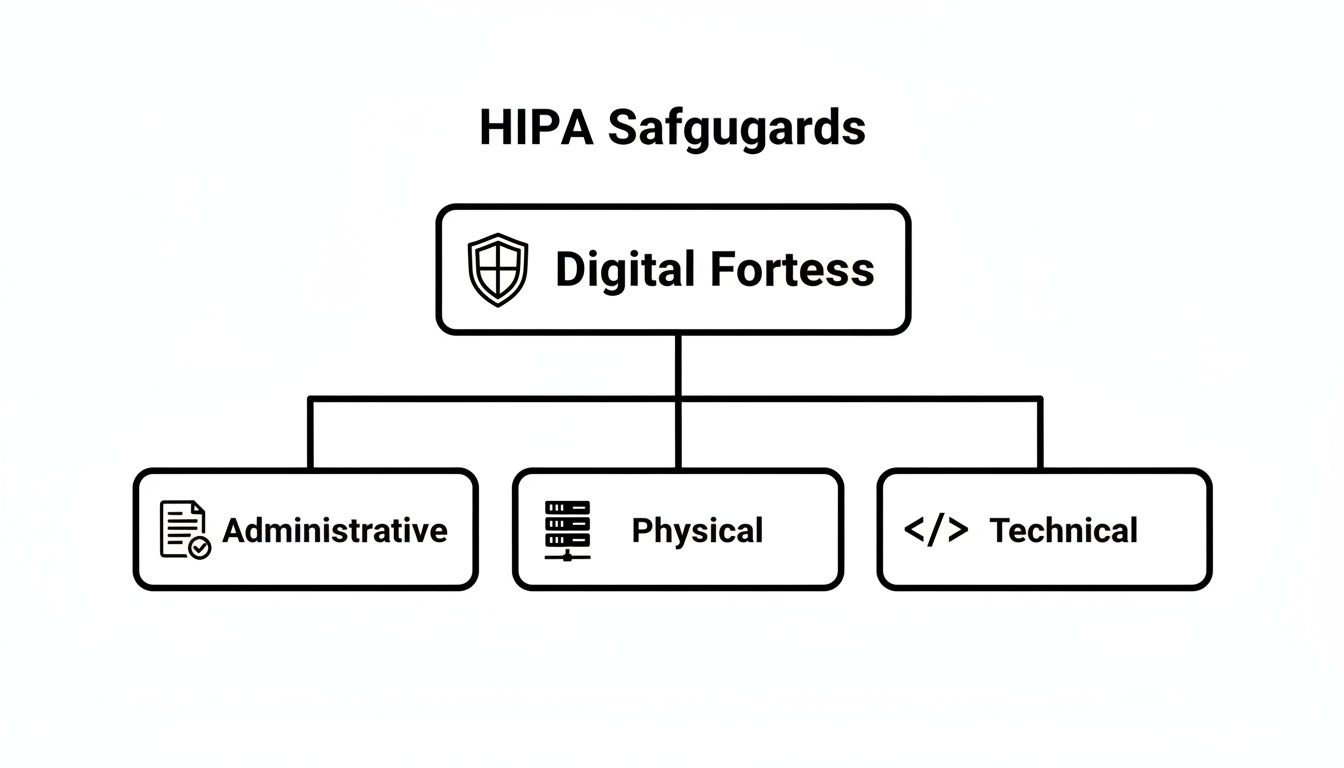 A diagram illustrating HIPAA safeguards, categorized into administrative, physical, and technical, forming a digital fortress.