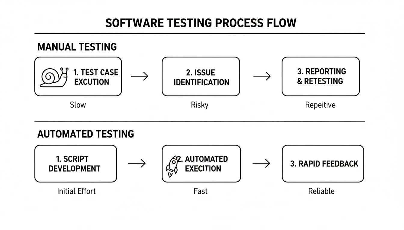 Flowchart comparing manual and automated software testing processes, highlighting their characteristics and stages.