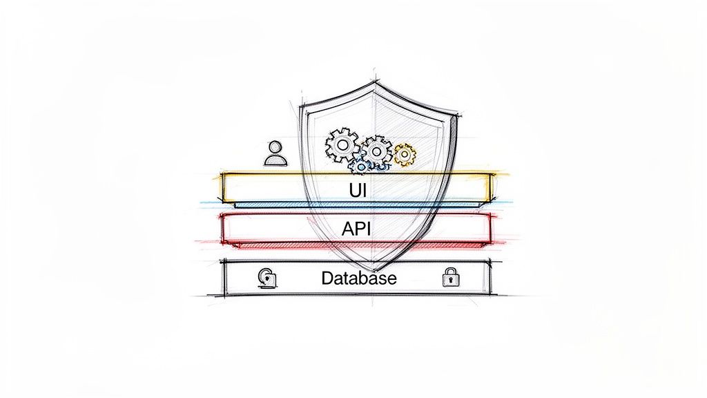 Sketch illustrating a layered software architecture (UI, API, Database) with a shield protecting the system, symbolizing application security.