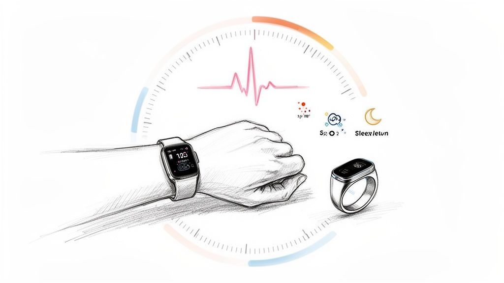 Sketch of a hand wearing a smartwatch and a smart ring, depicting health tracking features.