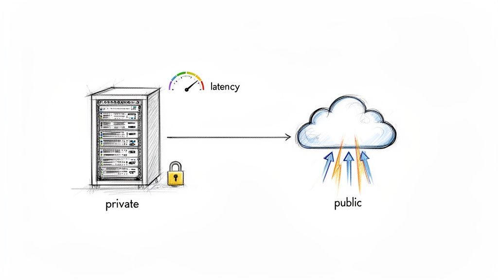 Diagram showing a private server connecting to a public cloud, illustrating latency in a hybrid cloud setup.