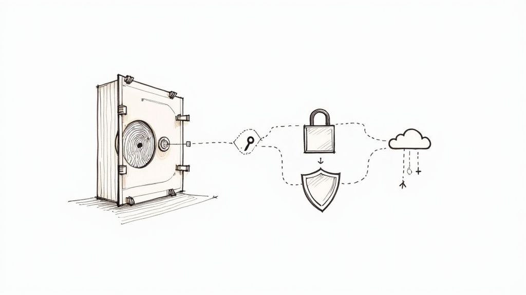 Hand-drawn diagram of data security: biometric safe, key, encryption padlock, shield, and cloud storage.