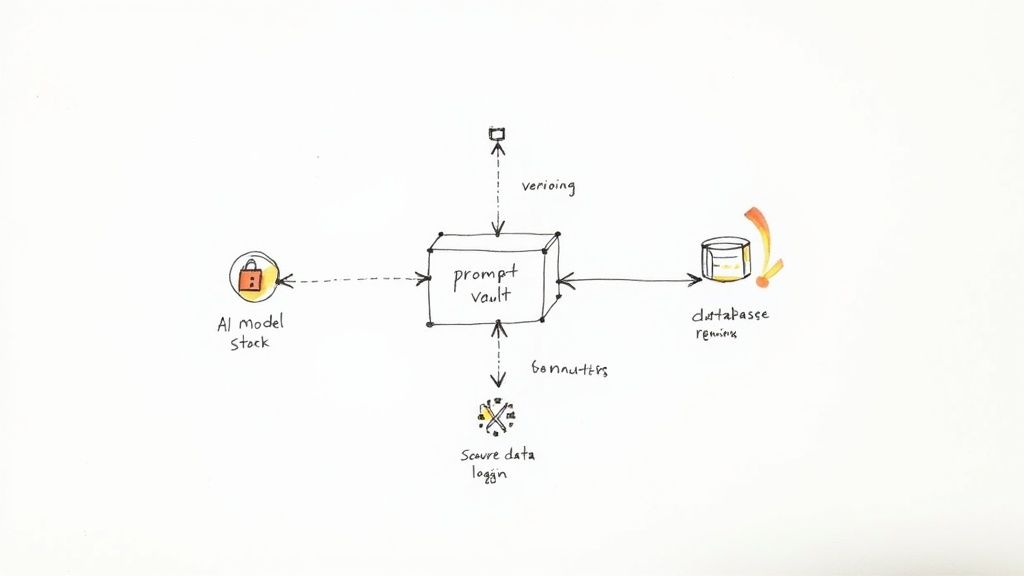 An abstract visual of a neural network connected to cloud storage and computing icons.