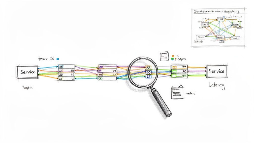 Illustration of distributed tracing, showing requests flowing through services, with trace IDs and latency measurements.