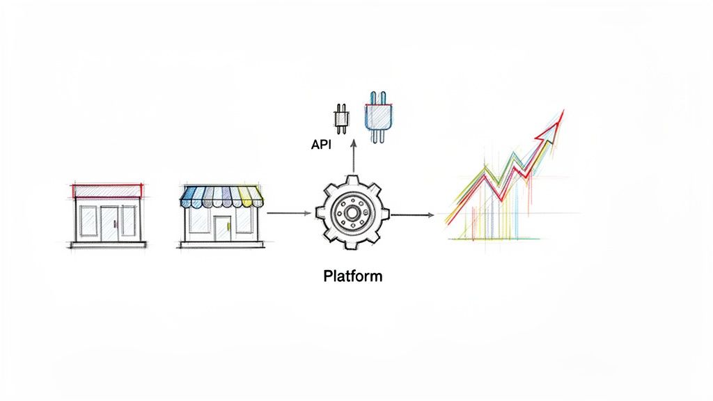 Diagram illustrating businesses connecting to an e-commerce platform via API for growth.