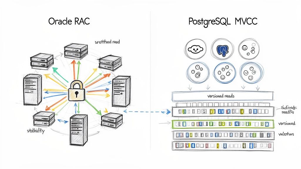 Comparison of Oracle RAC's shared locking architecture with PostgreSQL's MVCC versioned reads for database concurrency.