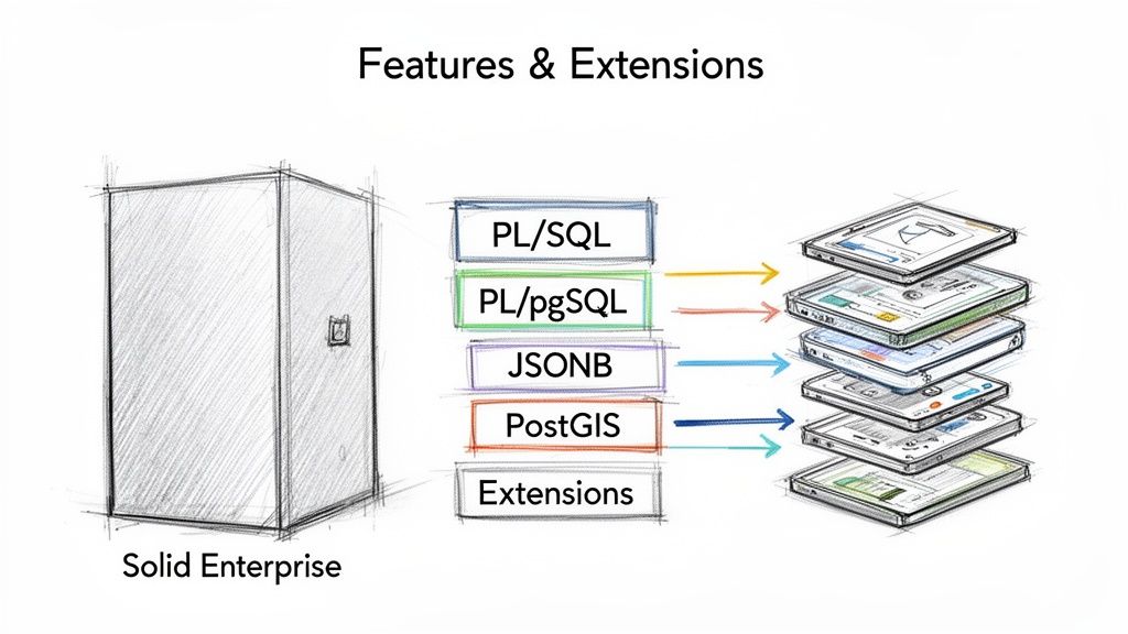 Diagram showing Solid Enterprise connected to PL/SQL, PL/pgSQL, JSONB, PostGIS, and other extensions.