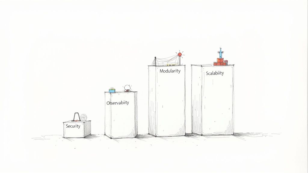 Hand-drawn illustration depicting software architecture concepts: security, observability, modularity, and scalability.