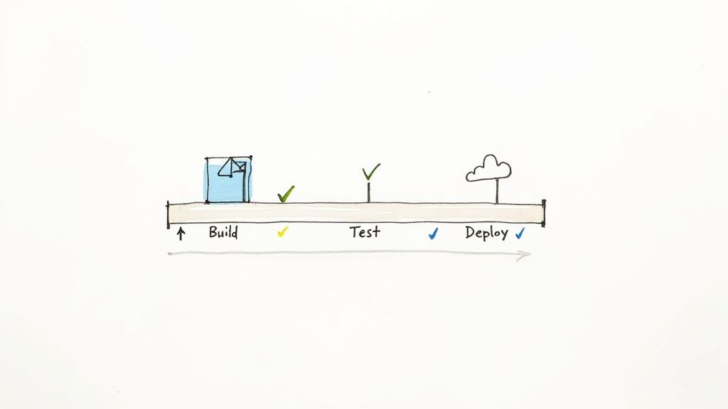 A hand-drawn diagram illustrating a software development pipeline with Build, Test, and Deploy stages.