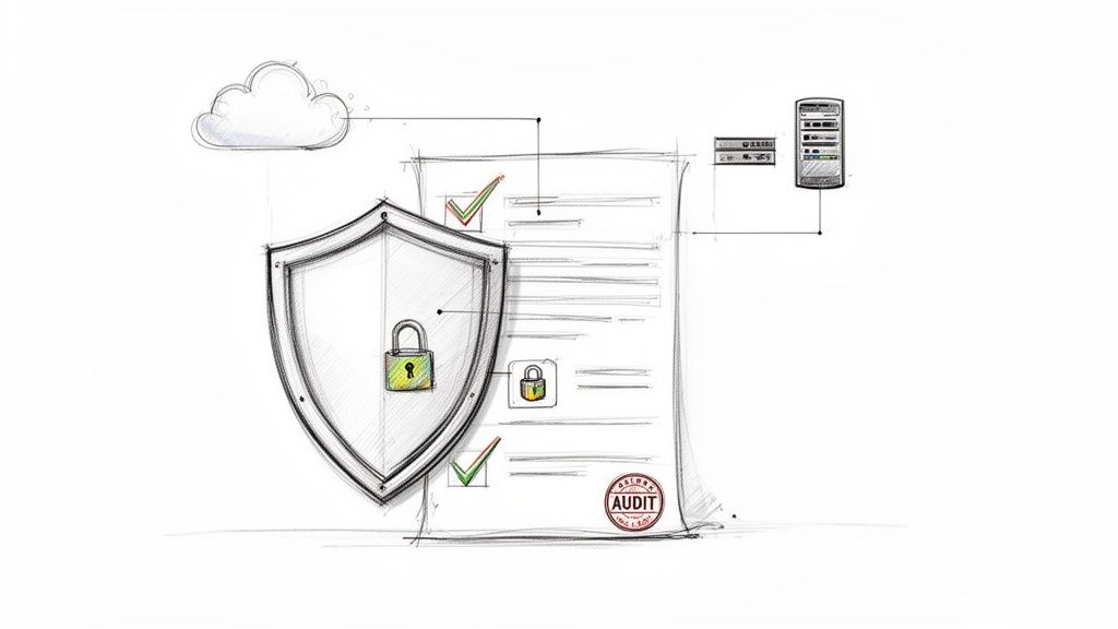A sketch illustrating data security, cloud storage, document audit, and server protection.