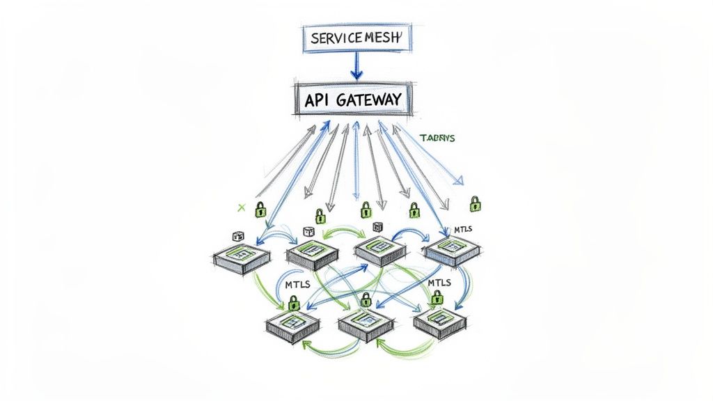 A detailed diagram of a microservices architecture, featuring a service mesh, API Gateway, and mTLS secured interactions.