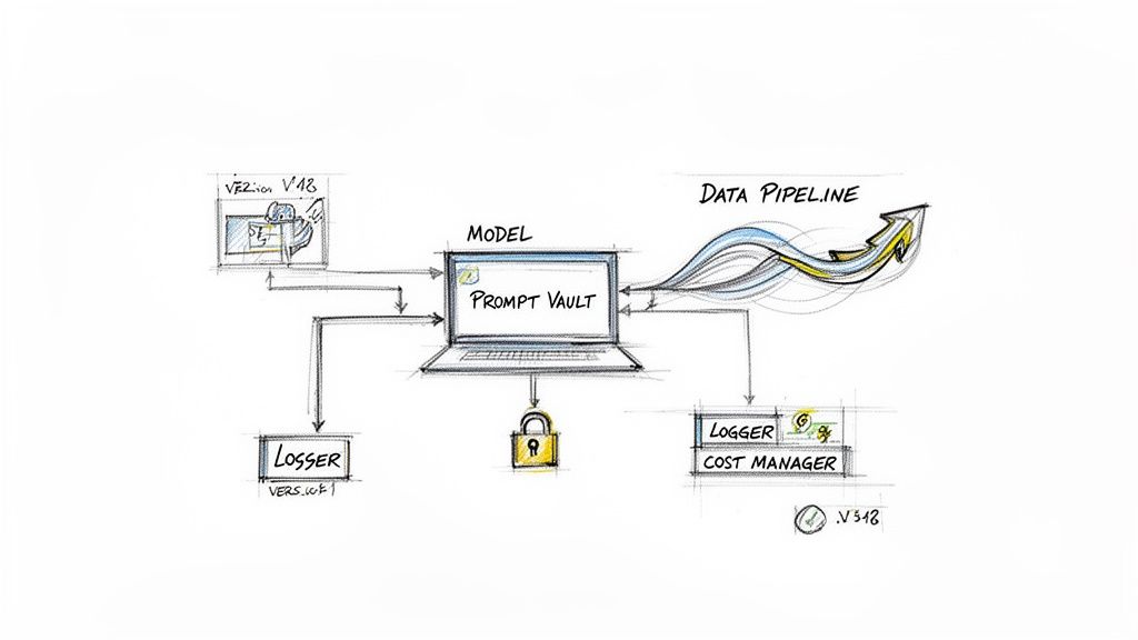 Hand-drawn diagram illustrating a model with prompt vault, data pipeline, logger, and versioning.