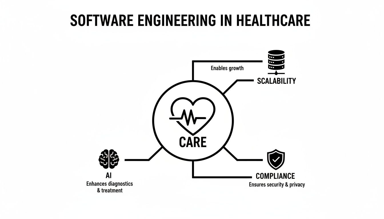 Diagram illustrating the core aspects of software engineering in healthcare: care, scalability, AI, and compliance.