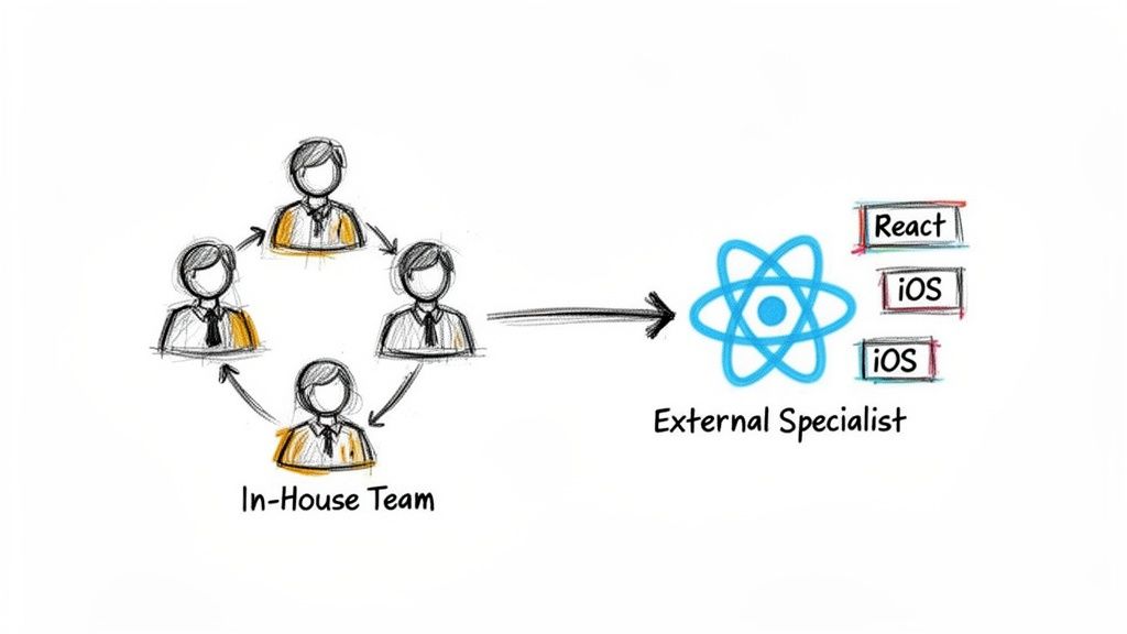 An in-house team collaborates, then delegates tasks to an external specialist providing React and iOS expertise.