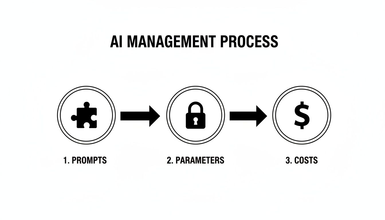 A diagram outlining the AI management process, showing steps from prompts to parameters and then costs.