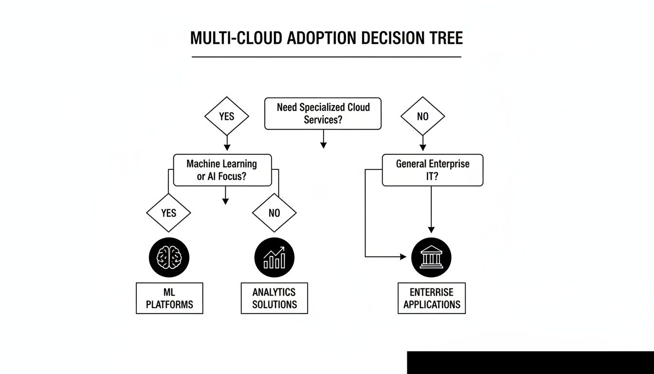 A multi-cloud adoption decision tree showing pathways for specialized services, ML/AI, and general enterprise IT.