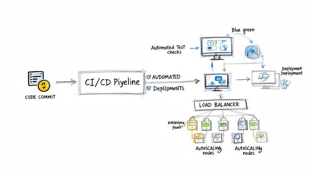 Diagram illustrating a CI/CD pipeline with blue-green deployment, automated tests, and autoscaling.