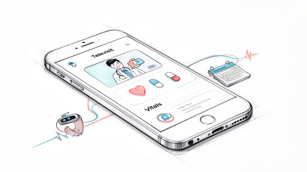Sketch of a smartphone displaying a 'Televisit' healthcare app, connected to a smartwatch and calendar.