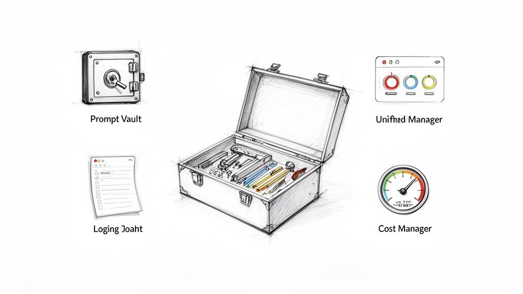 An illustration of an open toolbox with system management tools and icons for vault, logging, and managers.