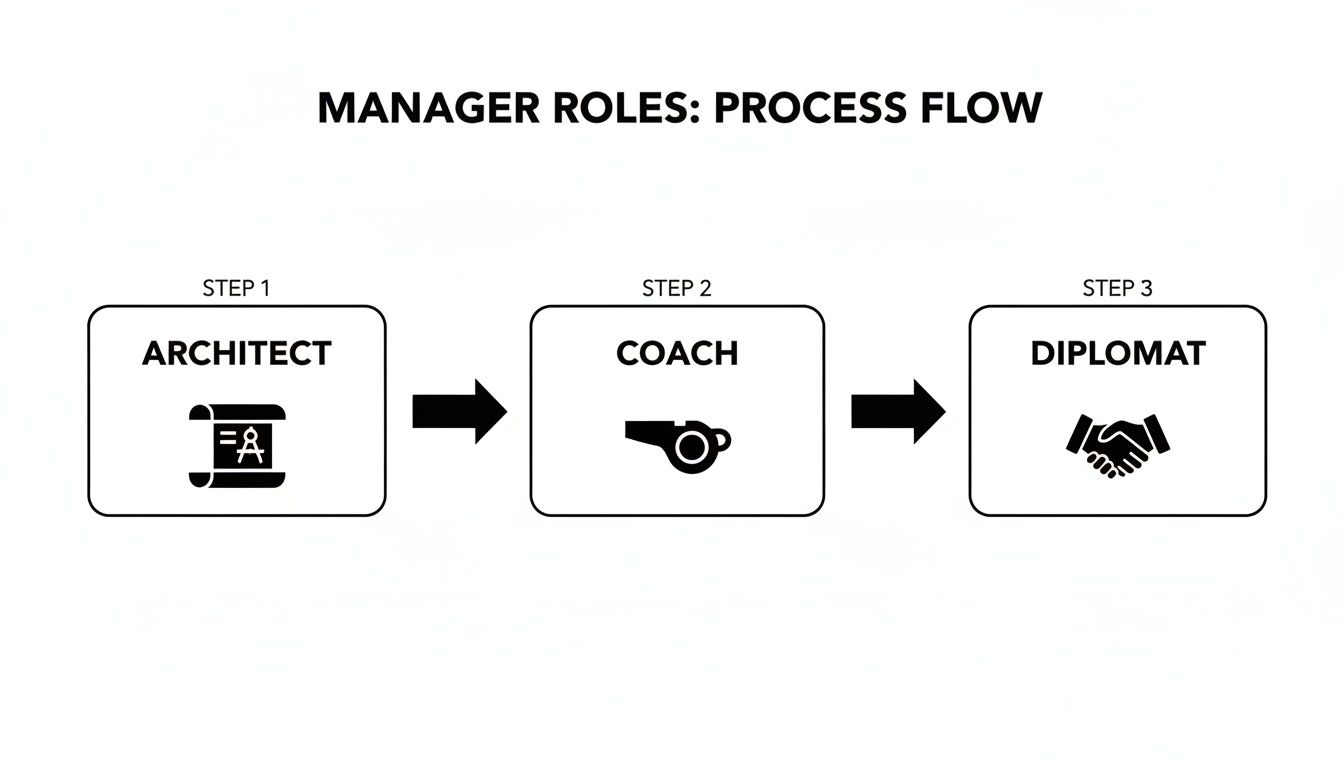 A three-step process flow illustrating manager roles: Architect, Coach, and Diplomat, with corresponding icons.