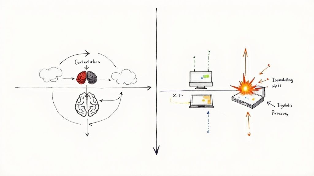 Diagram contrasting conceptual brain processing (Centerlation) with digital information flow and device interactions.