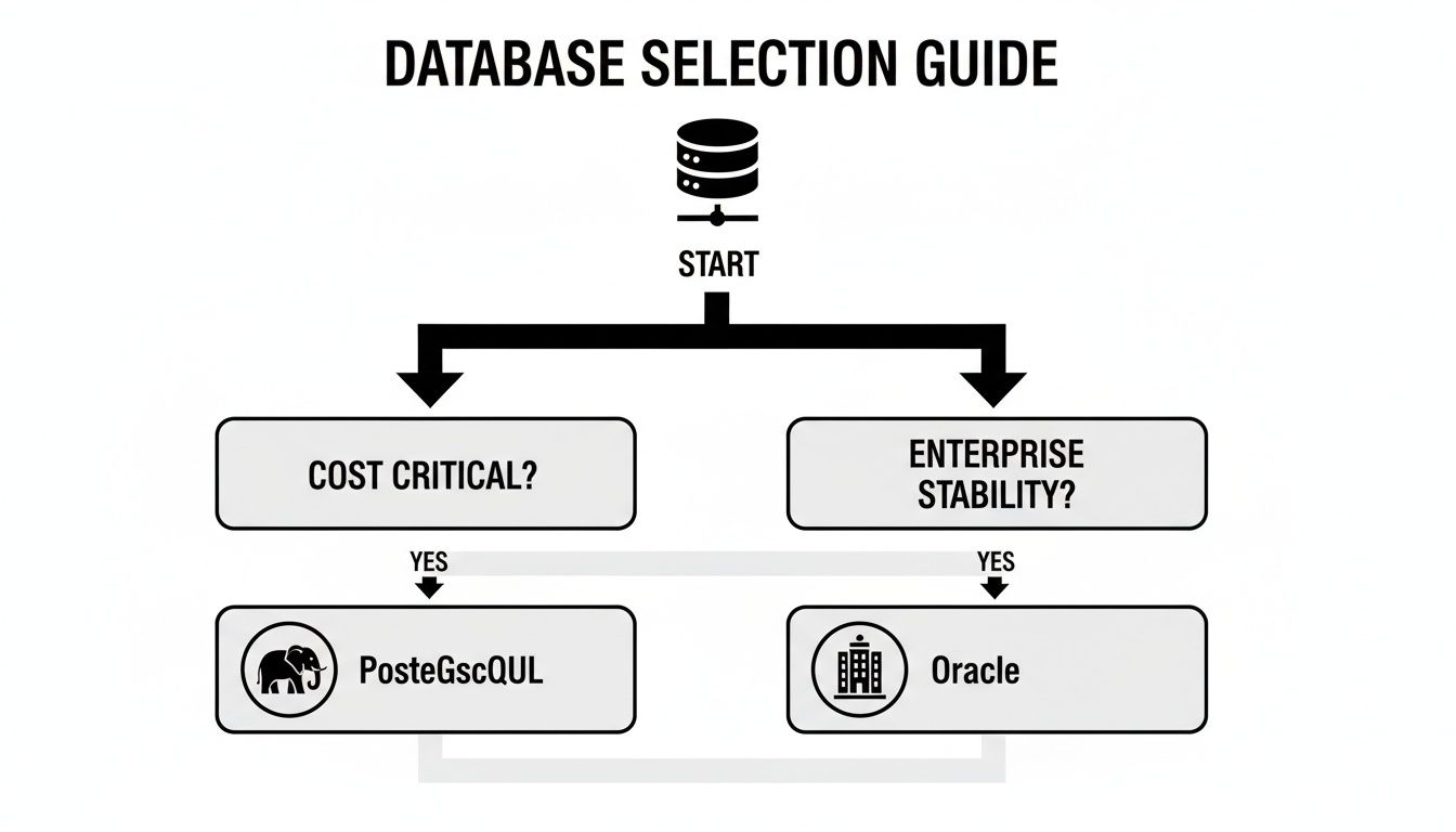 Flowchart guiding database selection between PostgreSQL and Oracle based on cost and enterprise stability.