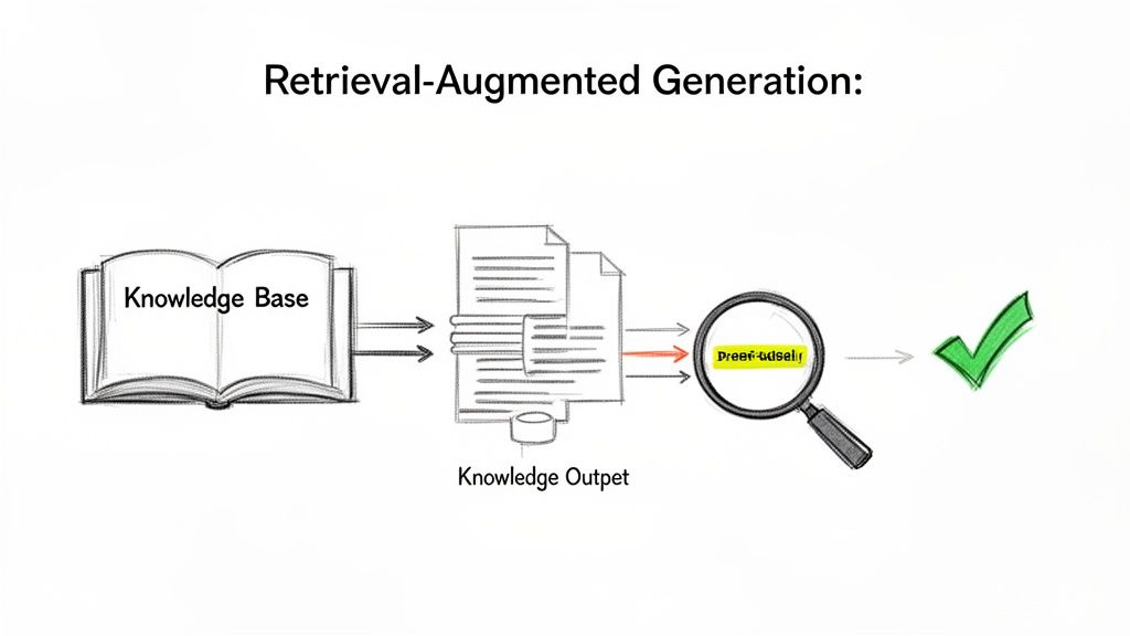 A sketch illustrating the Retrieval-Augmented Generation process from a knowledge base to a verified output.