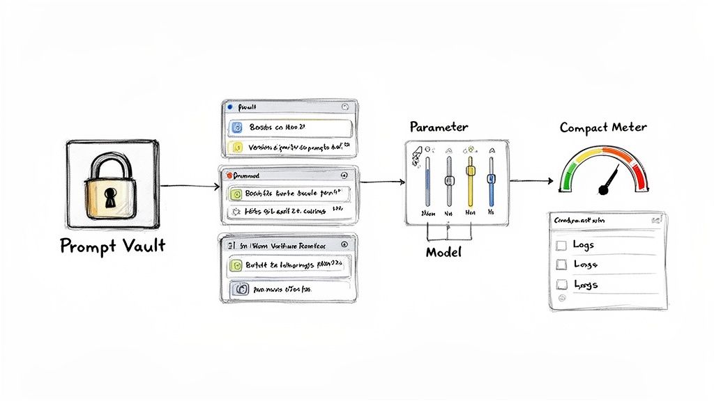 Conceptual diagram illustrating data flow from a prompt vault through model parameters to a compact meter and logs.