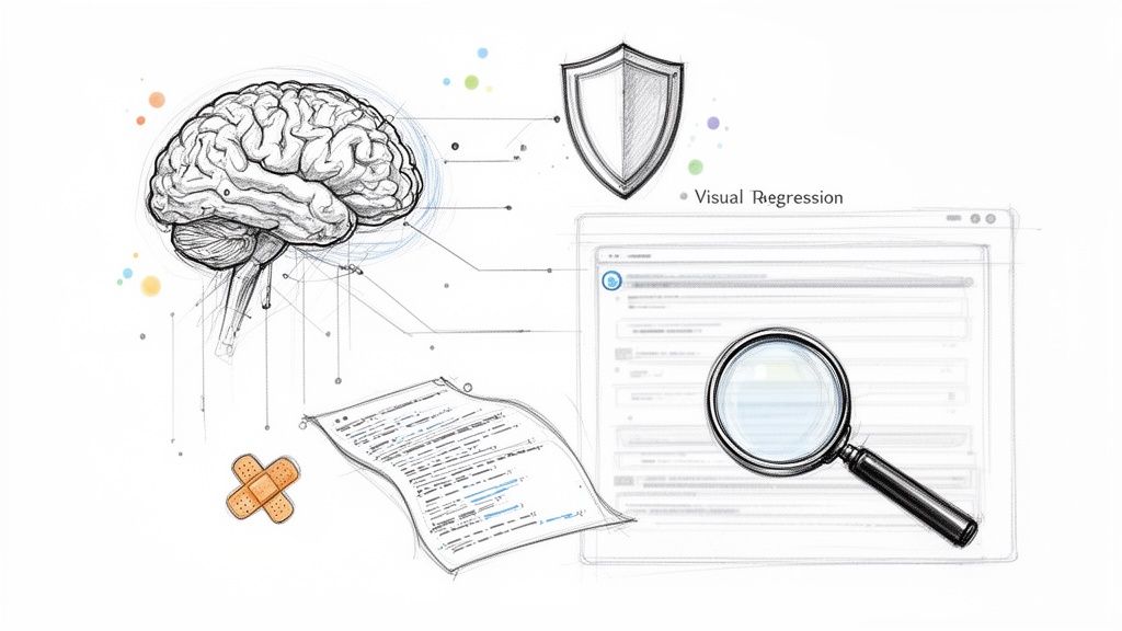 Sketch of a brain, shield, code, and magnifying glass over a browser, representing visual regression testing.